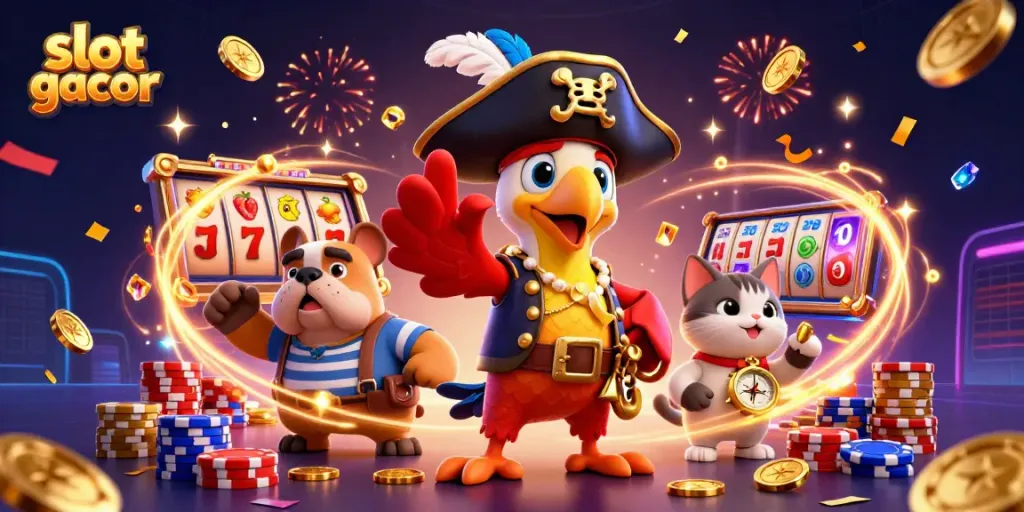 Slot gacor dengan karakter pelaut dan koin emas terbang, ilustrasi keren untuk casino online.
