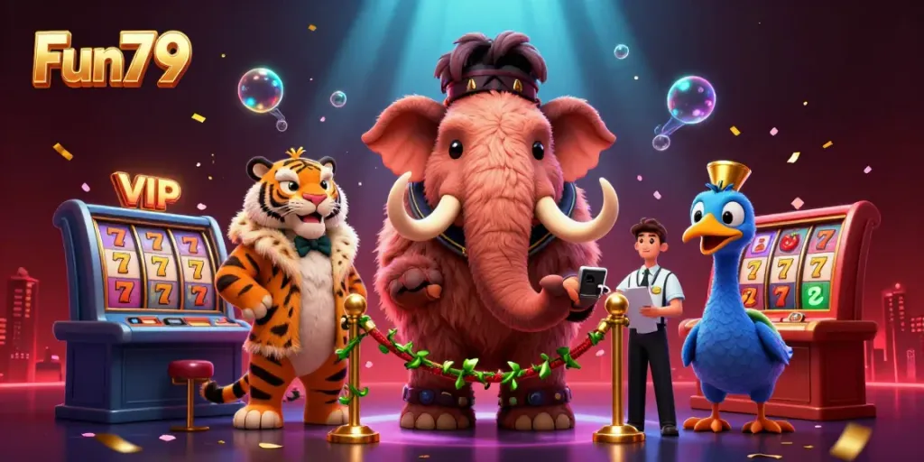 Experience the vibrant Fun79 casino scene featuring a woolly mammoth bouncer, saber-tooth VIP, and dodo doorman.