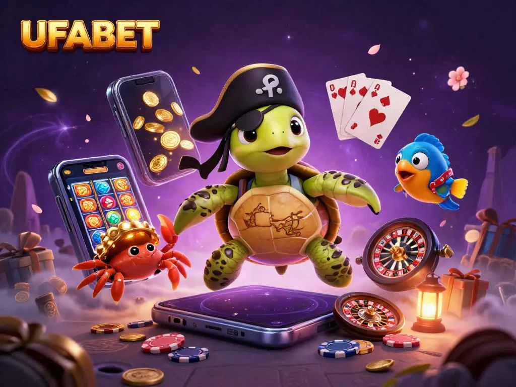 Spin the reels at UFABET with a vibrant illustration of playful sea characters amidst thrilling casino elements.
