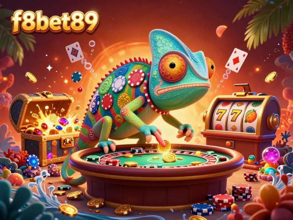 Experience the vibrant world of f8bet89 as a chameleon casino owner captures gold coins and casino excitement.