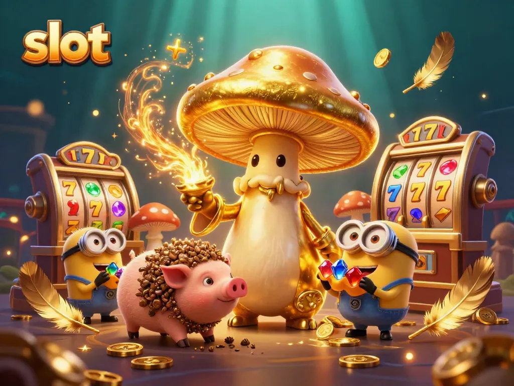 Spin the slot reels alongside a wizard and truffle pig in a vibrant casino scene.