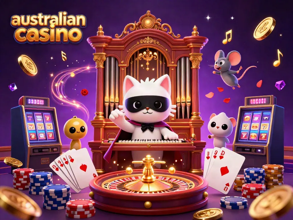 Experience the excitement of an australian casino with vibrant characters and luxury gaming elements.