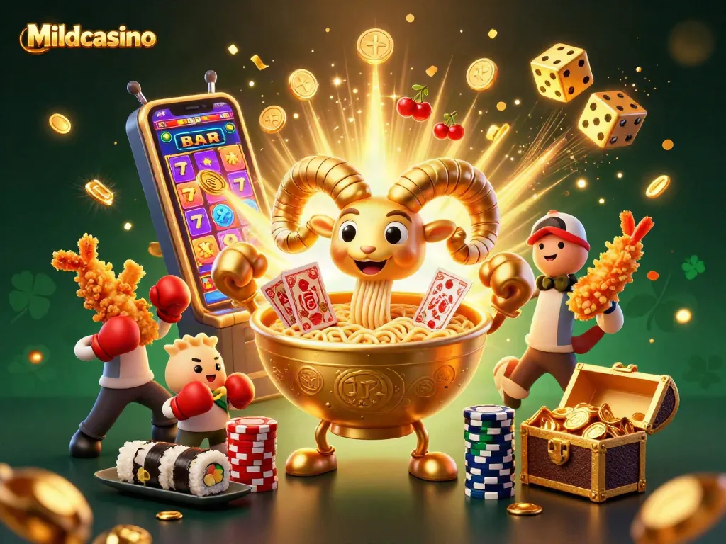 Mildcasino presents an energetic casino scene with a golden ramen character dealing cards and vibrant slot gaming elements