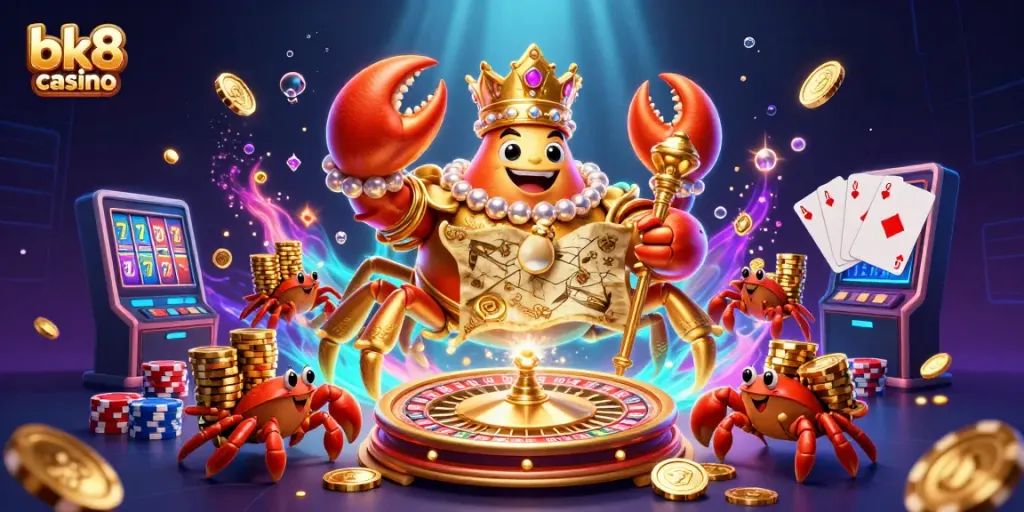 Engage in exciting gameplay at bk8 casino with a golden crab emperor amidst sparkling gems and casino games.