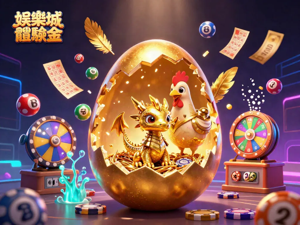 免費領取娛樂城體驗金的精彩場景，展示金色龍蛋與多樣賭博元素。