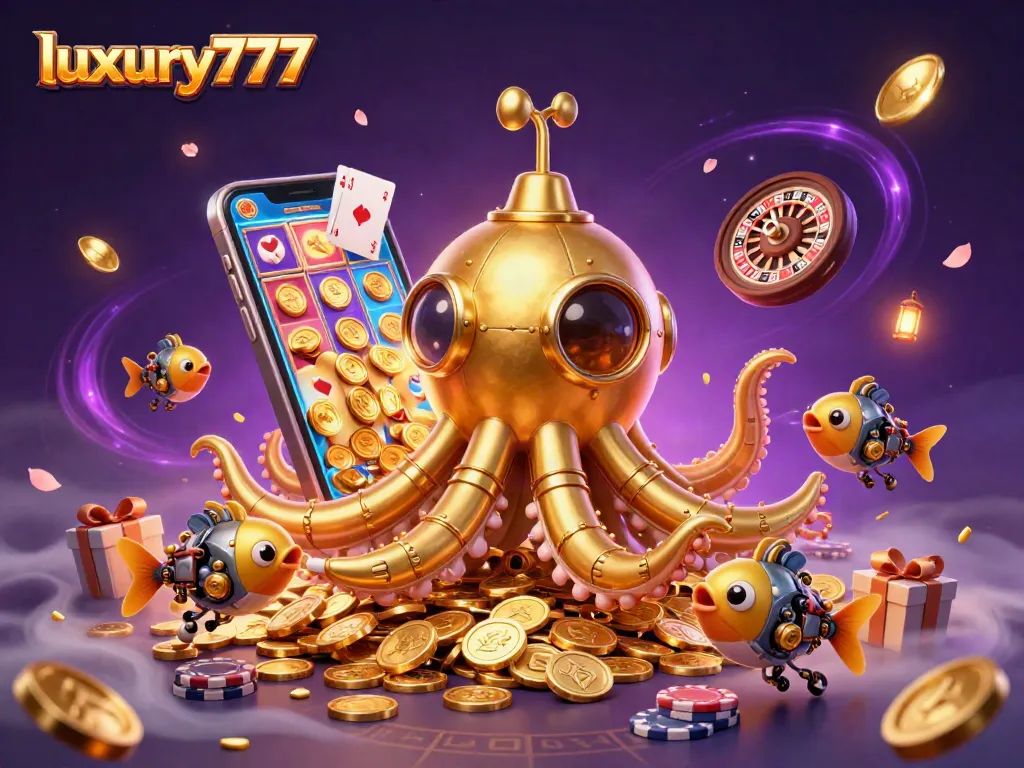 Engage in thrilling gaming with luxury777, featuring a golden kraken submarine and vibrant slot games.