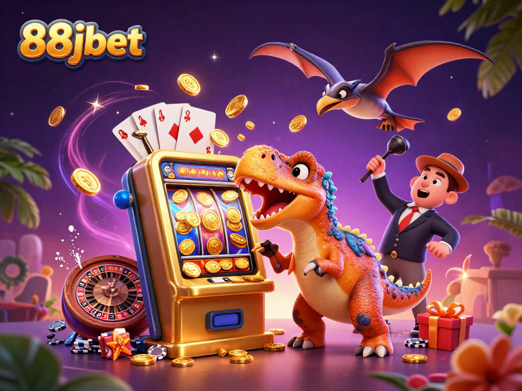 88jbet shows a cartoon dinosaur celebrating as a golden slot machine spills coins in a vibrant casino.