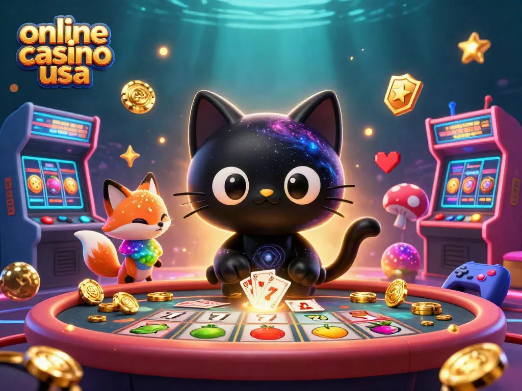 Engaging online casino usa scene with a cosmic black hole cat at a dynamic casino table.