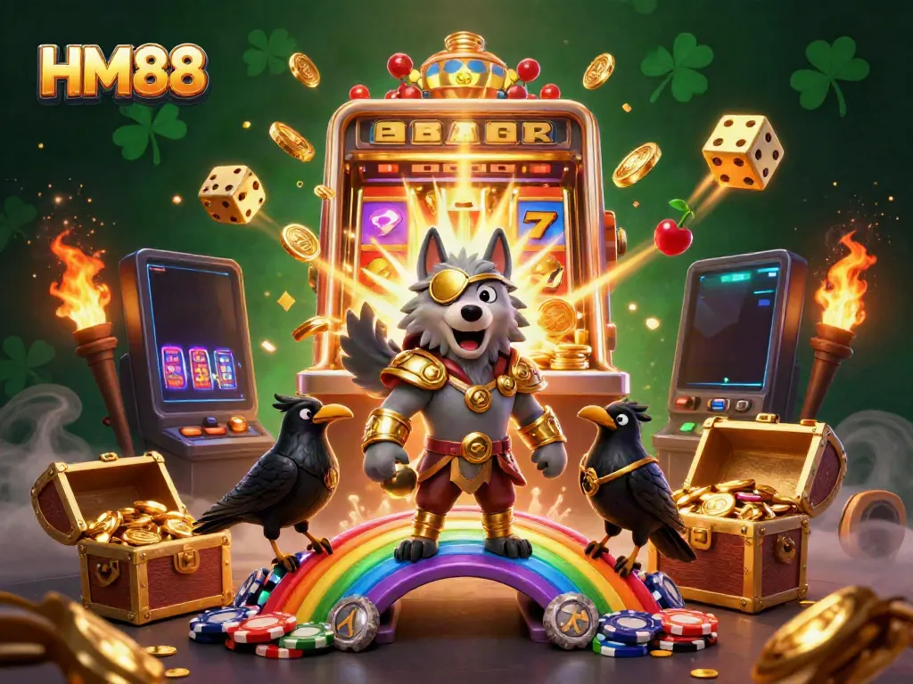 Win big at HM88 with a vibrant casino scene featuring Odin and ravens surrounded by jackpots.