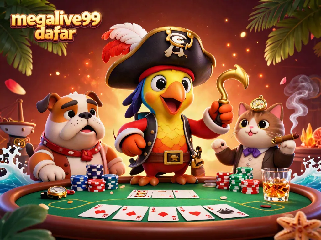 Megalive99 daftar memperlihatkan suasana poker seru dengan karakter bajak laut, anjing, dan kucing yang beraksi.