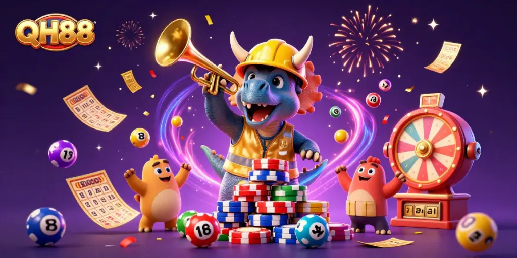 Experience the excitement of QH88 with a vibrant 3D casino scene featuring playful characters and dynamic gaming elements.