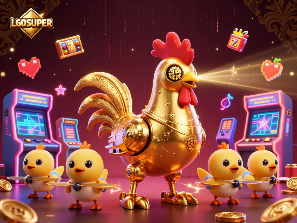 Experience thrilling gaming at LGOSUPER with a golden rooster robot and dynamic arcade elements.