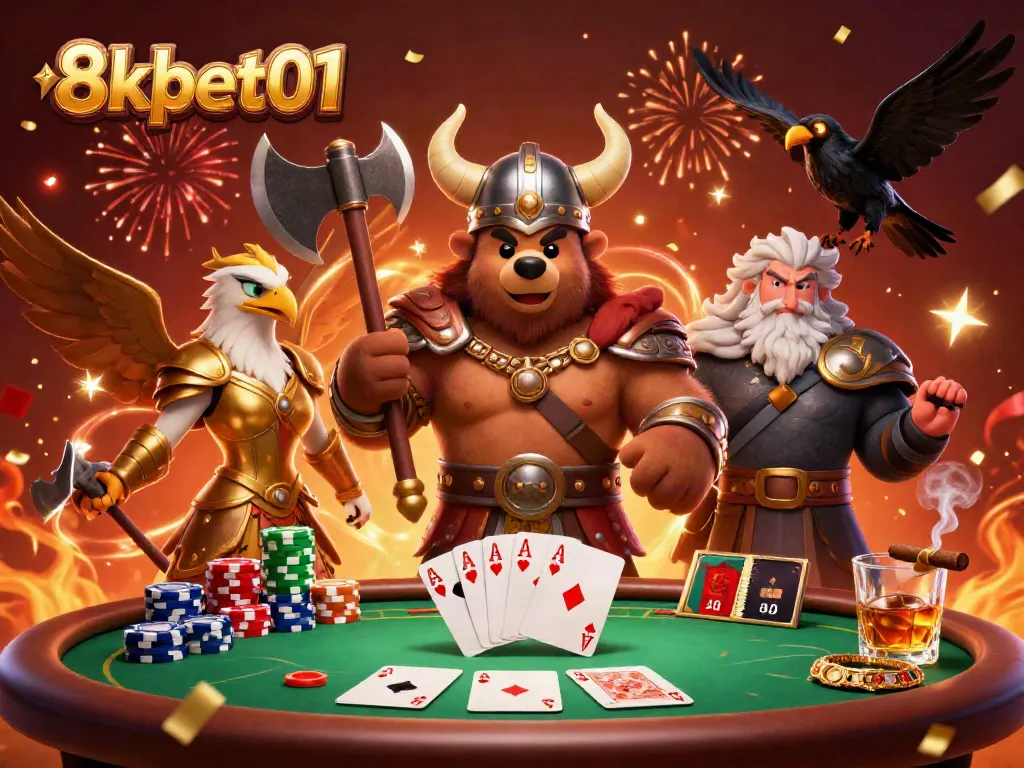 Engage in thrilling gameplay at 8xbet01 with a vibrant poker scene featuring a Viking and Valkyrie in action.