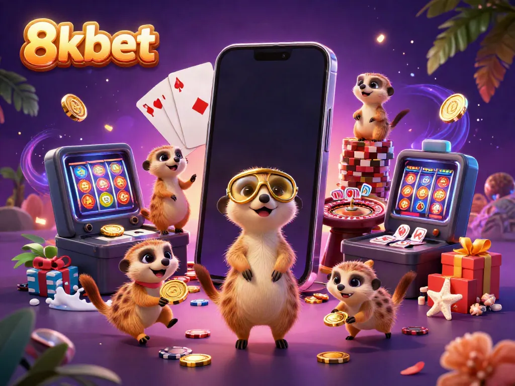 Experience thrilling betting at 8xbet's vibrant casino with animated meerkats and colorful game elements.
