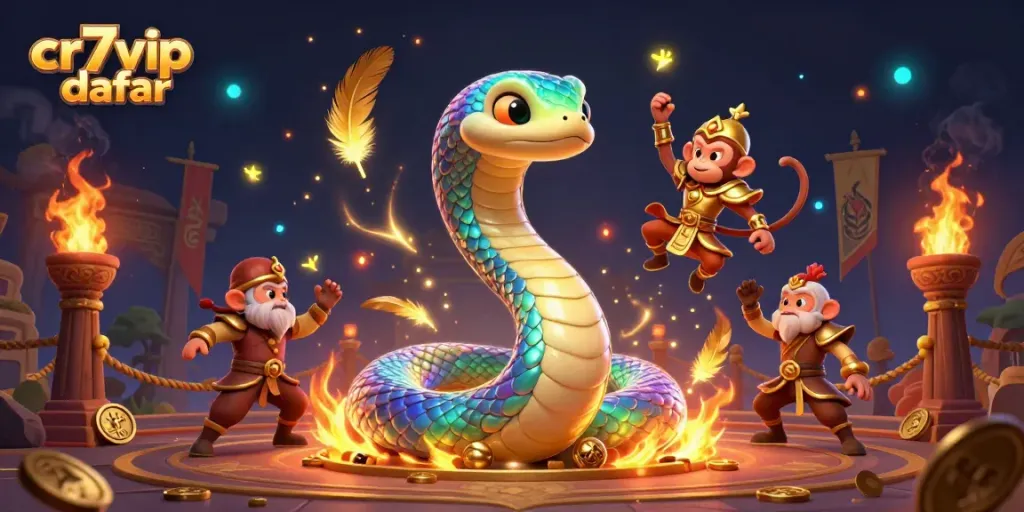 Ilustrasi 3D yang menampilkan cr7vip daftar dengan ular pelangi dan raja monyet beraksi di arena pertarungan.