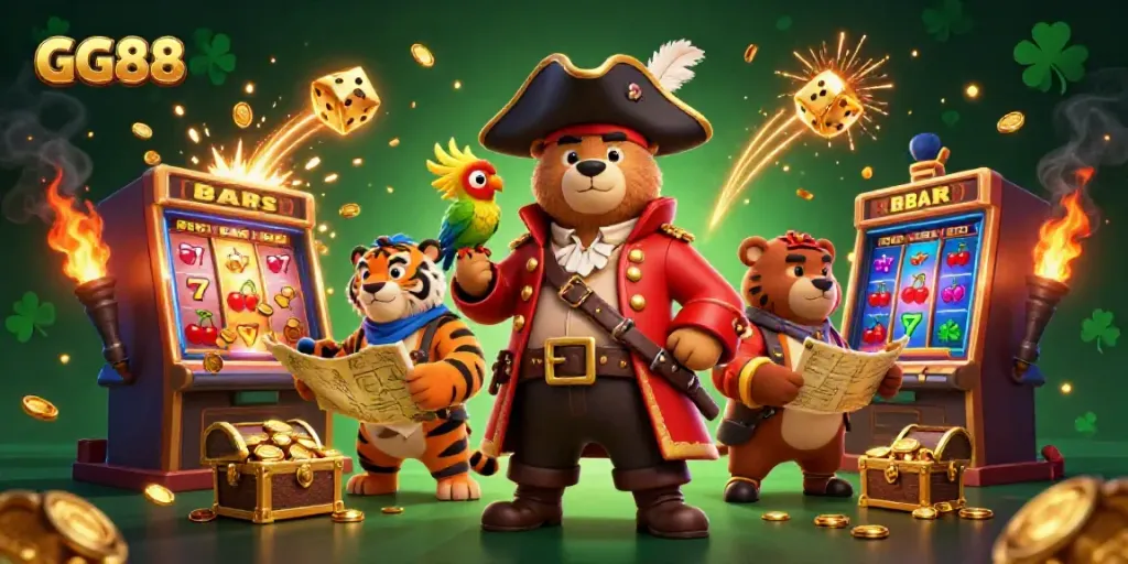 Engage with GG88 at a thrilling online casino adventure featuring a pirate bear, tiger, and treasure.
