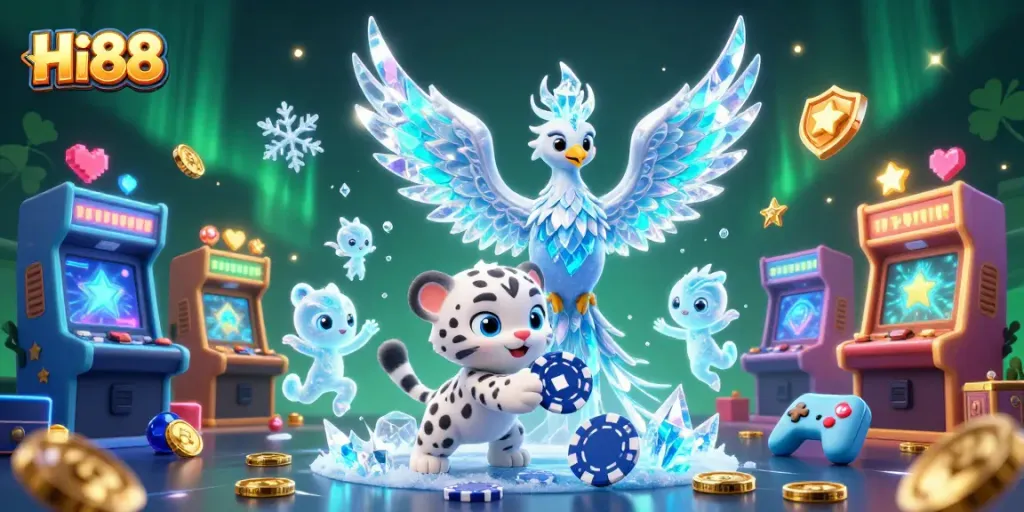 Experience the vibrant Hi88 online casino with a magical ice phoenix and playful scenes.