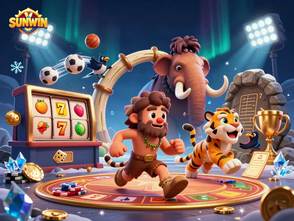 SUNWIN brings excitement as a cartoon caveman and sabertooth tiger enjoy a vibrant prehistoric casino scene.