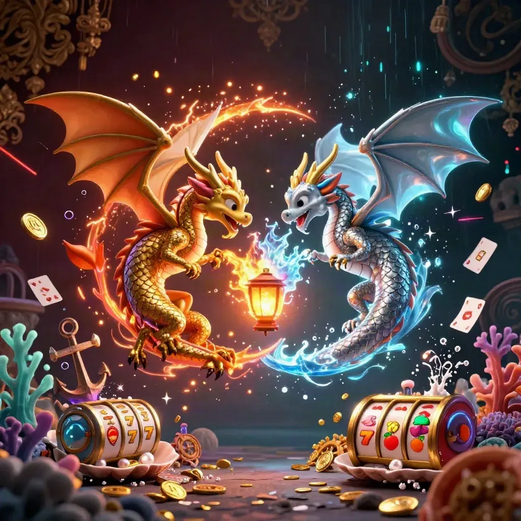 Twin gold and silver dragons form a yin-yang over treasure coral, bubbles, and neon casino glow