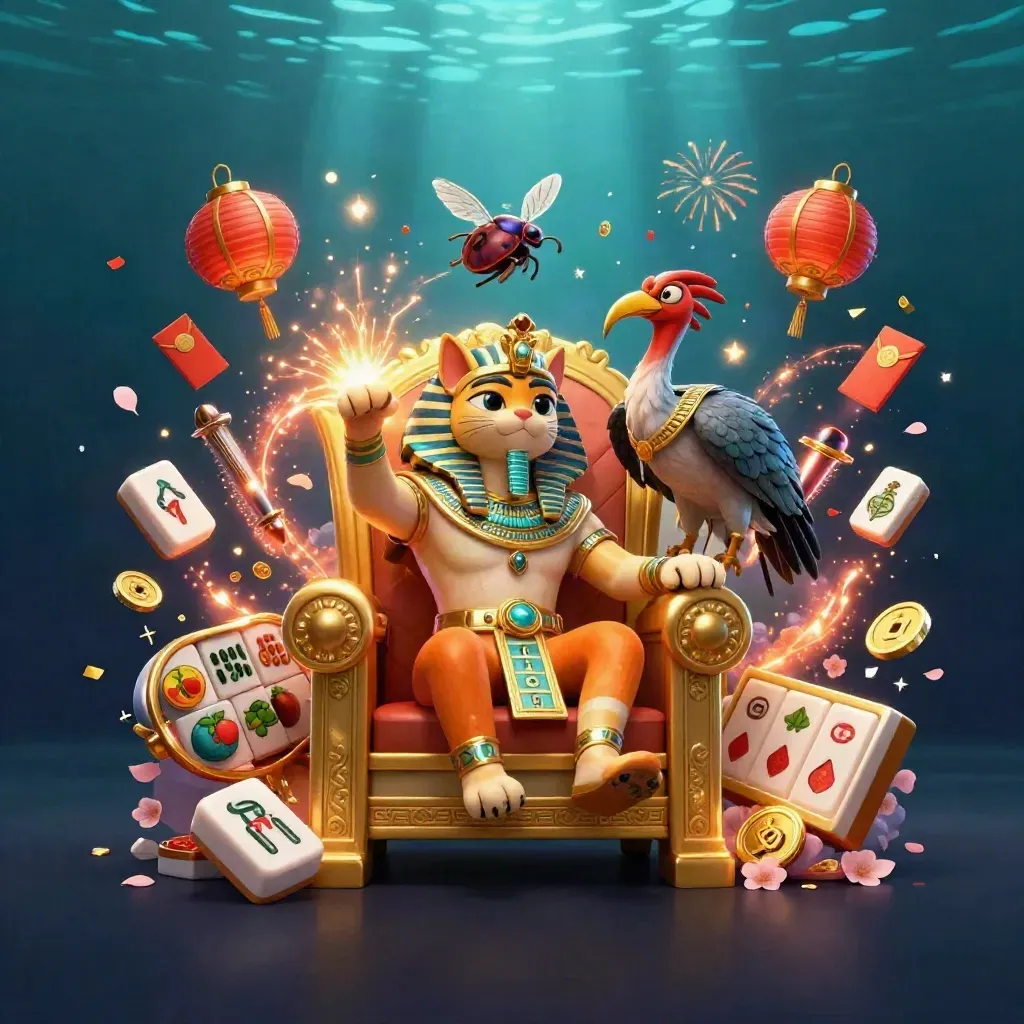 Pharaoh cat on a gold throne with ibis scribe, scarabs, slot symbols, and teal-gold casino glow