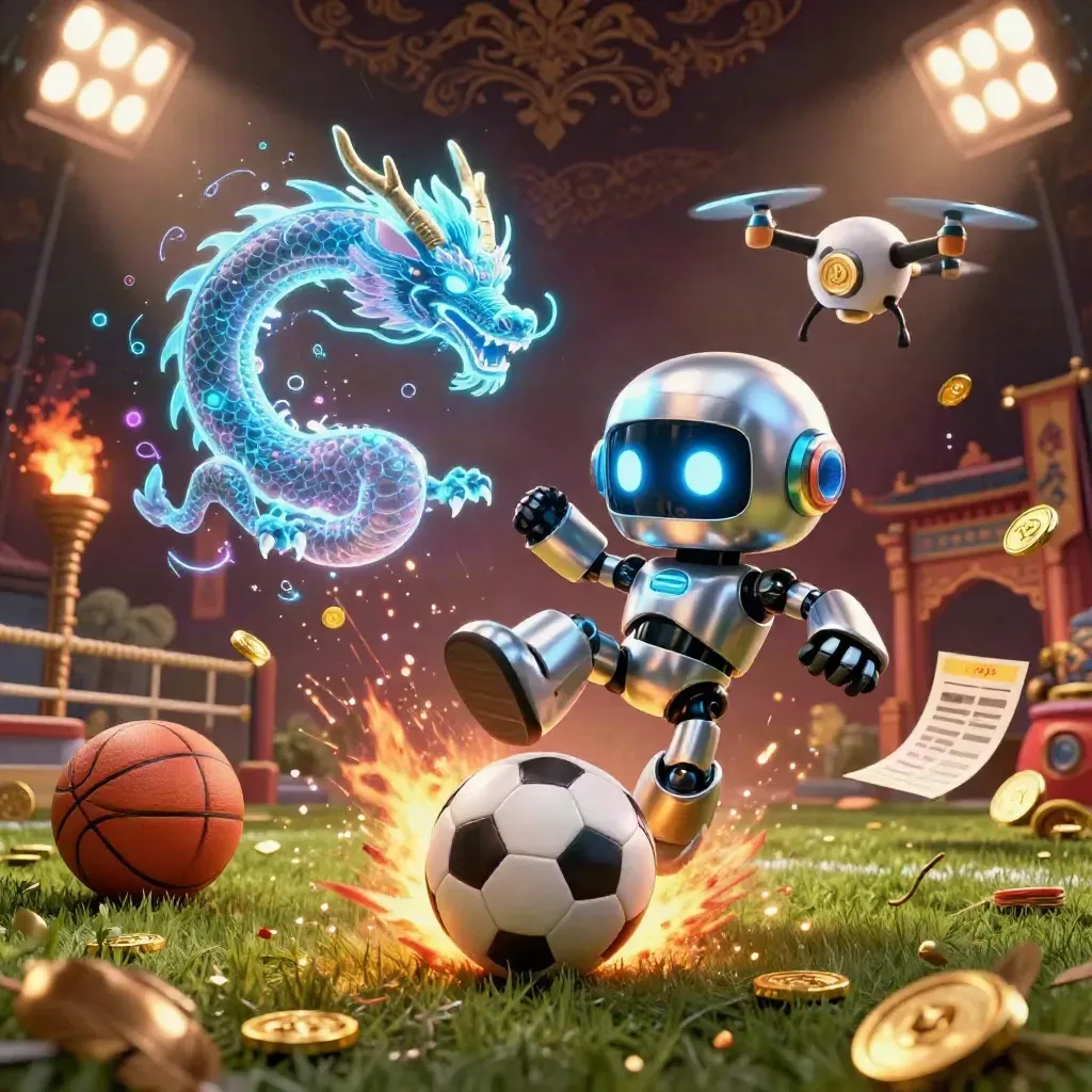 Cyberpunk robot, holographic dragon and drone explode around a soccer ball in casino light.