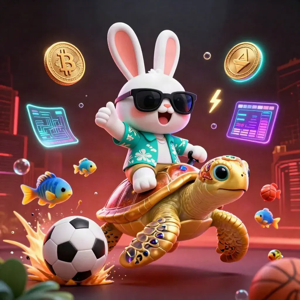 Lucky rabbit rides a golden turtle through flying sports balls, coins, and electric casino light.
