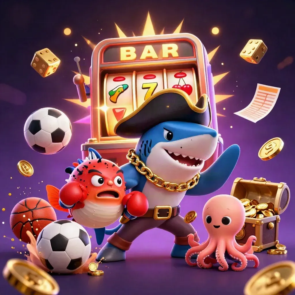 Pirate shark, pufferfish, and octopus burst amid slots, gold, dice, and sports balls.