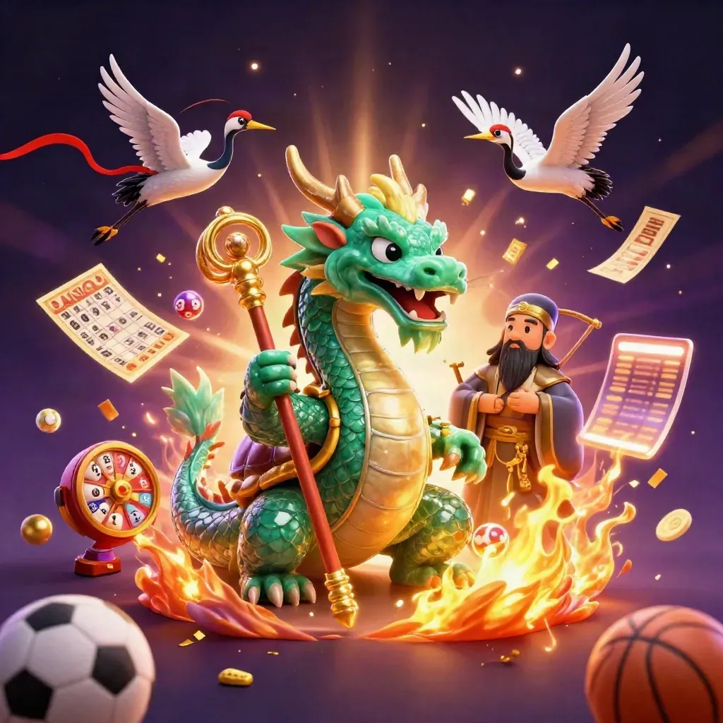 Jade dragon, turtle sage, and cranes amid casino symbols, fire, gold sparks, and deep purple light.