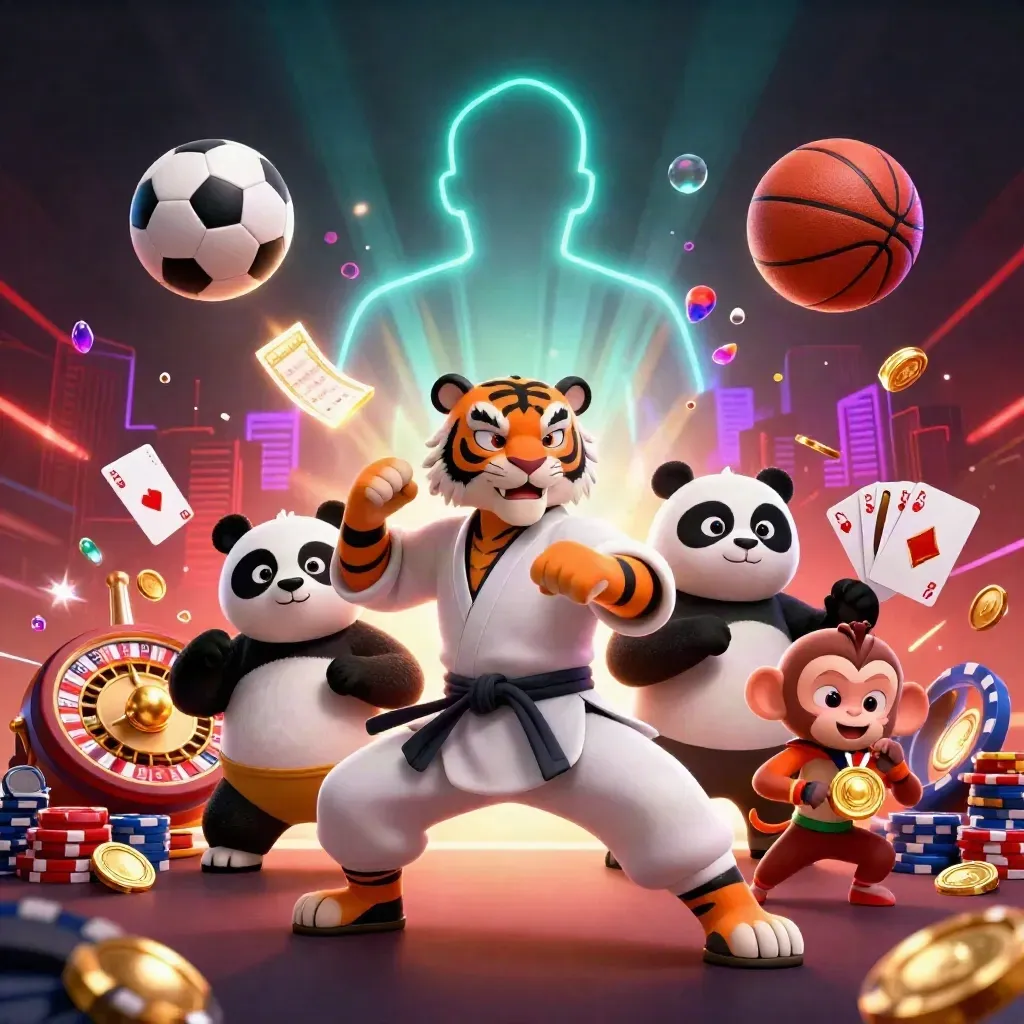 Kung-fu tiger, panda, and monkey amid casino sports props, coins, chips, and neon glow.