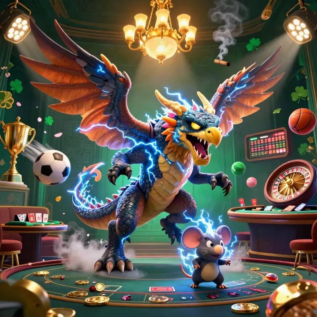 Thunder dragon, wind hawk, and crackling mouse in a luxe casino with sports balls, gold, and teal glow