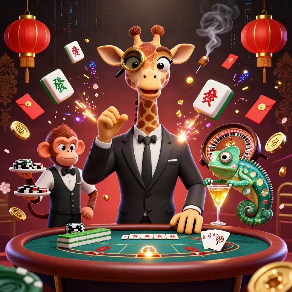 Giraffe high-roller, monkey valet, and chameleon bartender in a luxe canyon casino with glowing gold and teal effects.