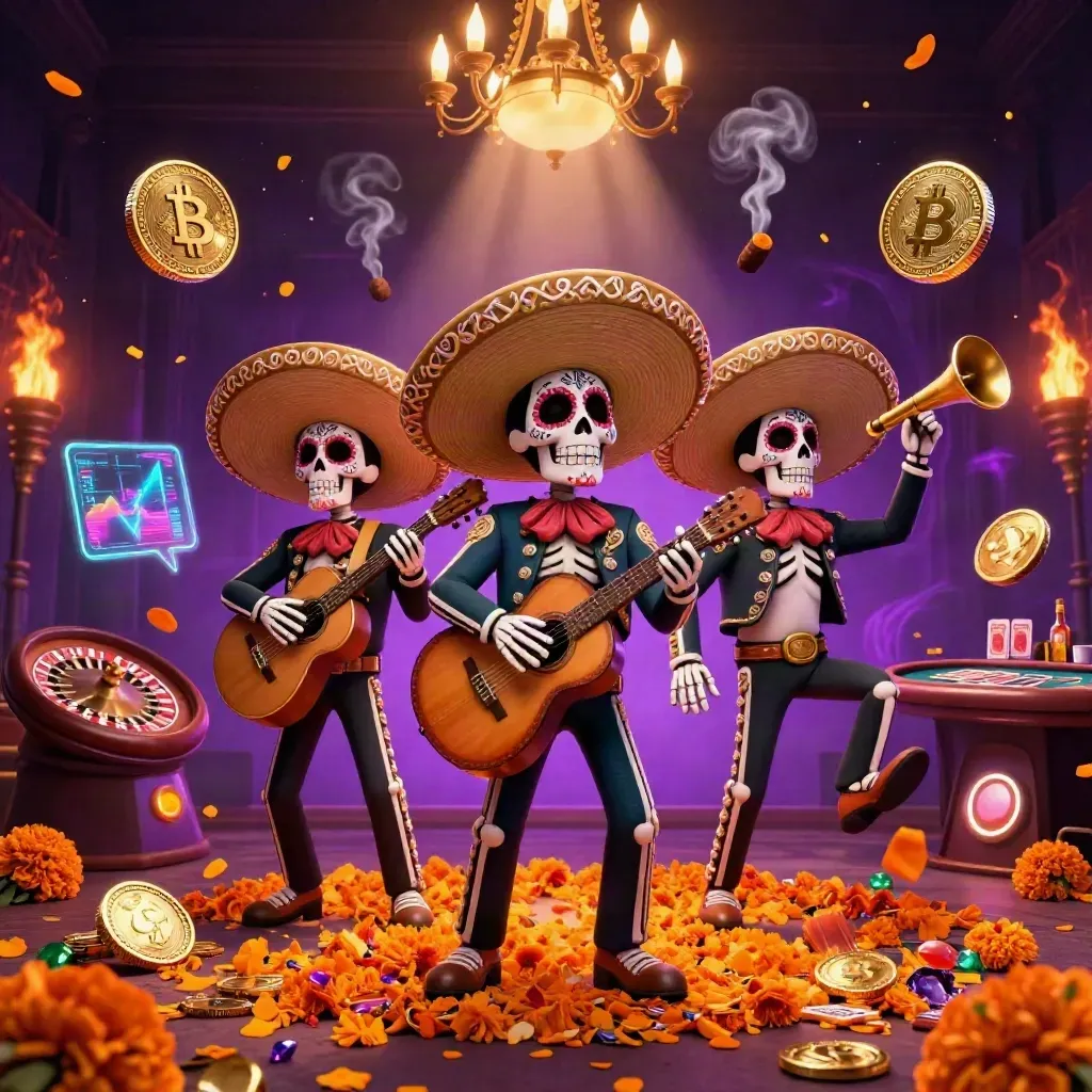 Day-of-the-Dead mariachi skeleton trio in a neon casino with coins, crypto, and a roulette wheel.