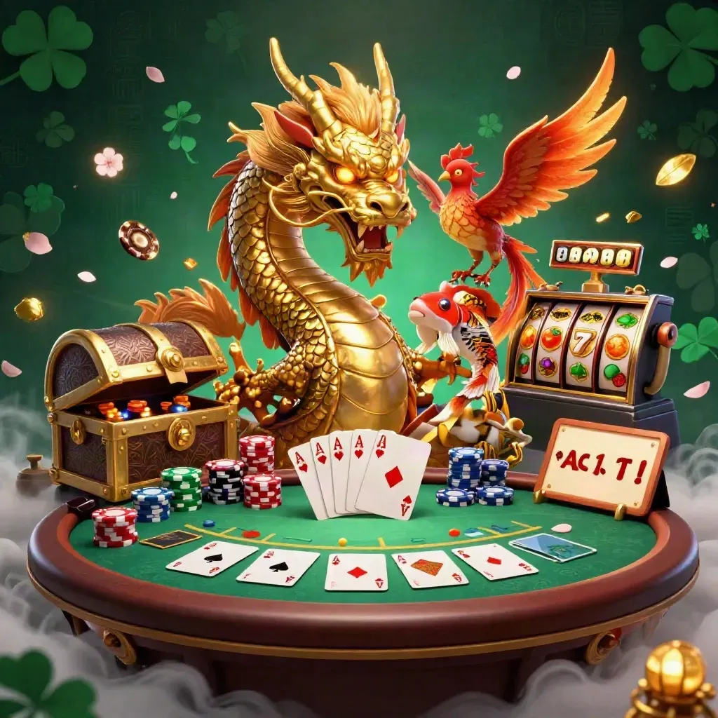 Golden dragon with phoenix and koi amid casino treasures, chips, cards, and neon light.