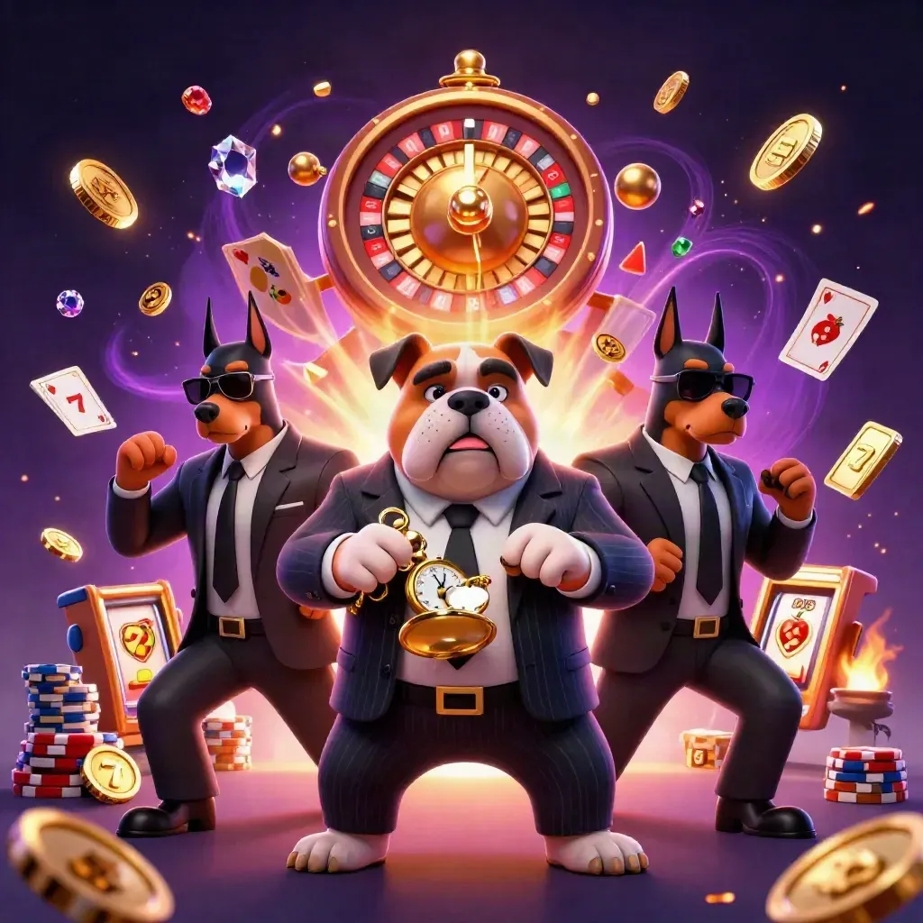 Bulldog boss and Doberman guards in a casino explosion of coins, gems, chips, and cards.