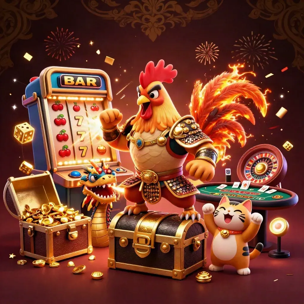 Rooster samurai, dragon hatchling and fortune-cat amid slot, gold, confetti, and casino glow.