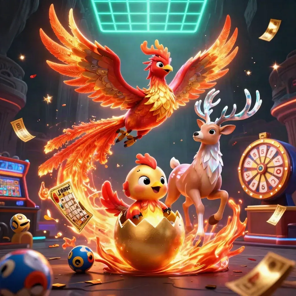 Fire phoenix, baby phoenix, and crystal-antler stag amid casino tokens in a teal neon canyon.