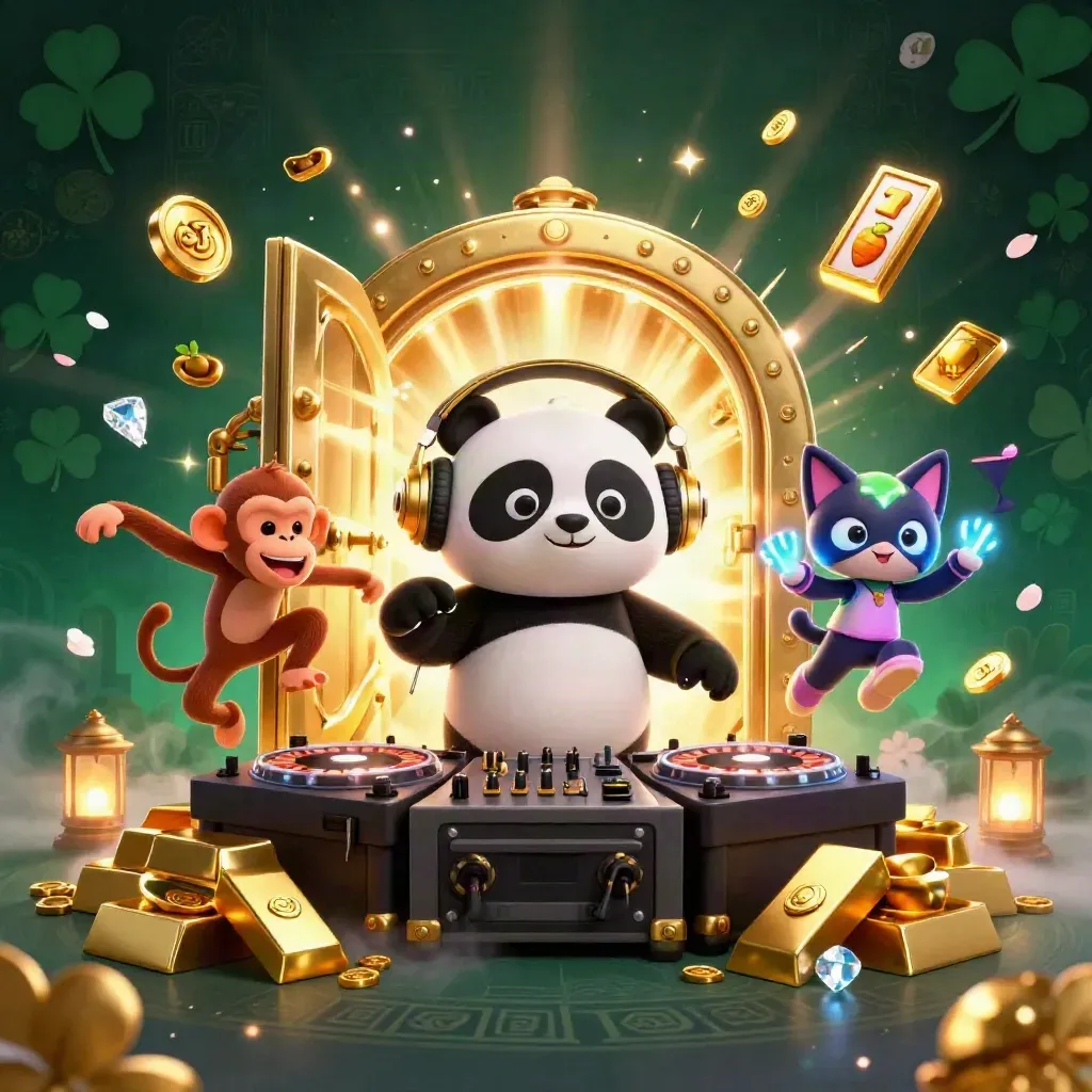 DJ panda, monkey, and glow-stick kitten explode from a golden vault with loot and neon light