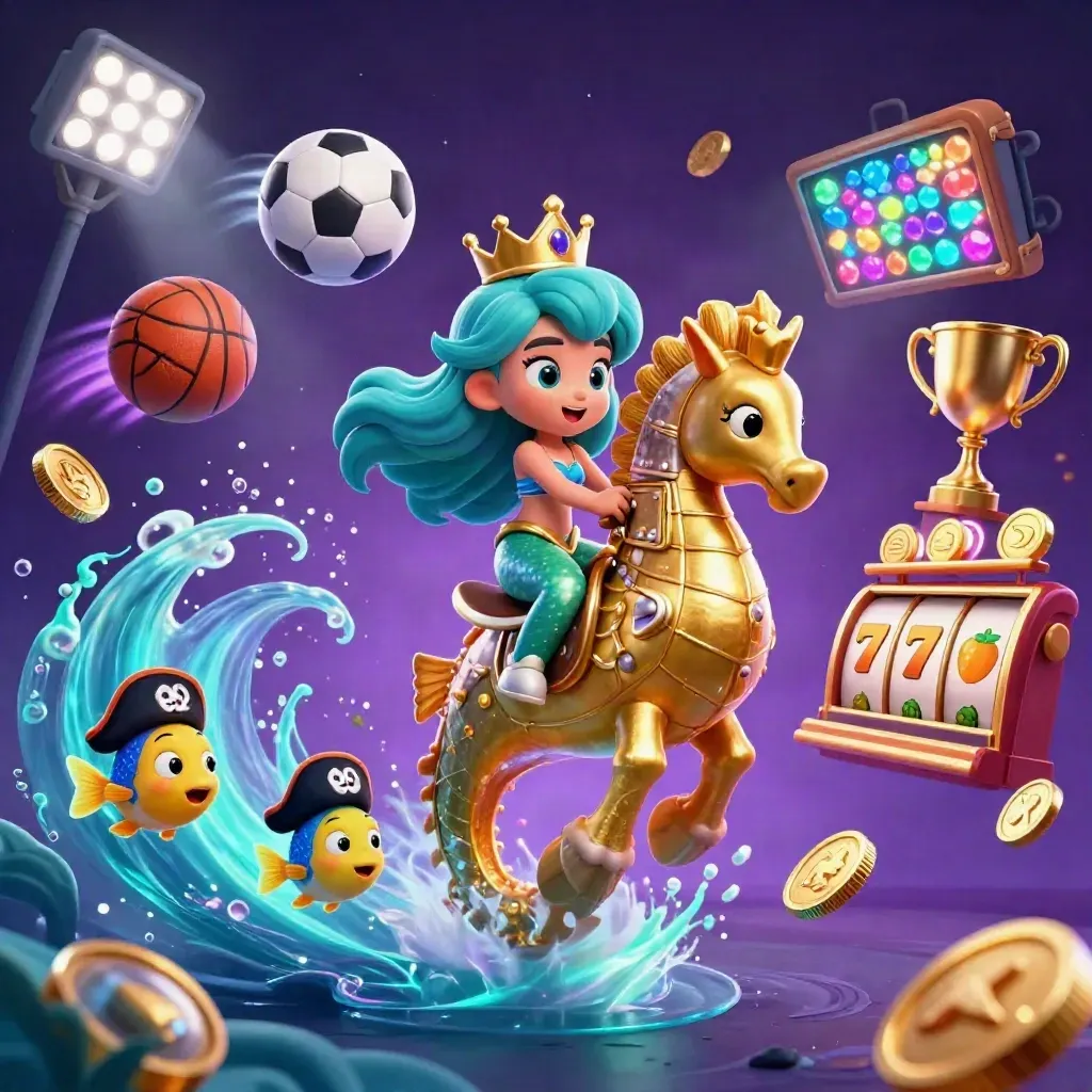 Mermaid princess rides a gold-armored seahorse amid neon casino treasure, fish, and sports icons