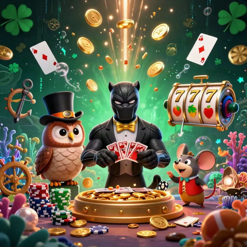 Black panther, owl and mouse in a casino treasure cove amid coins, cards and neon sparks.