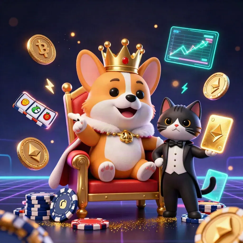 Royal corgi and cat butler amid crypto coins, slot fragments, lightning, and casino treasure