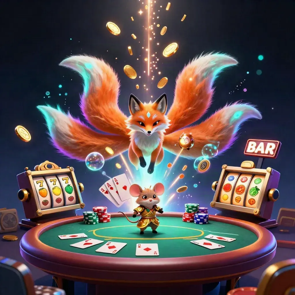 Neon fox spirit and golden mouse amid coins, cards, reels, vault burst, and fireworks in darkness.