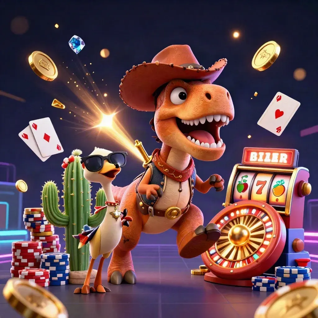 Cowboy T-Rex, cactus sidekick, and roadrunner burst through casino riches in a neon canyon scene.