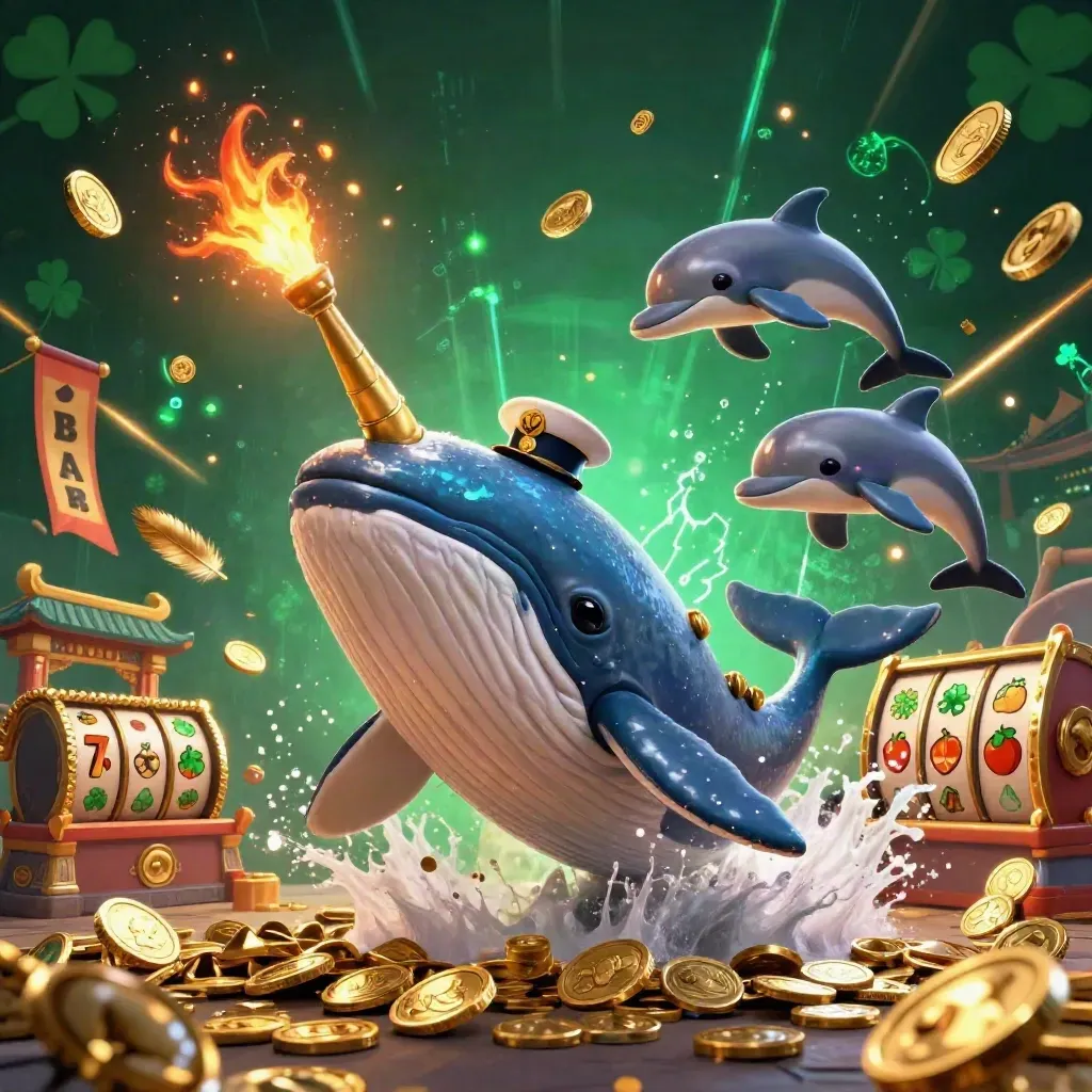 Whale captain, narwhal, and dolphins burst through gold coins in a canyon casino scene.