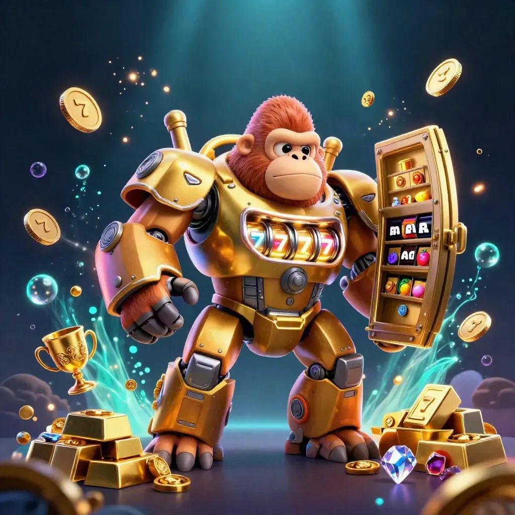 Golden gorilla mech with monkey pilot, vault blast, coins, gems, and blue-purple casino glow.