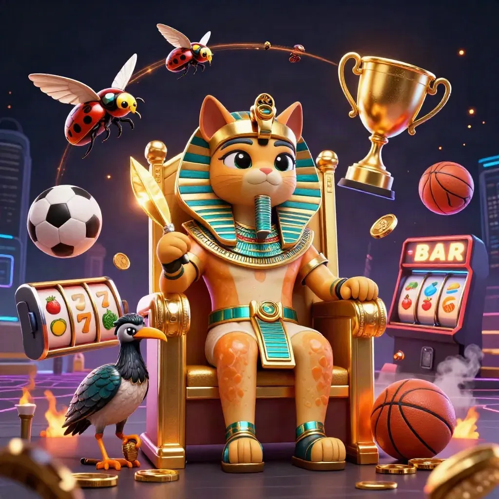 Pharaoh cat on throne with ibis scribe, scarabs, sports balls, coins, and slot effects