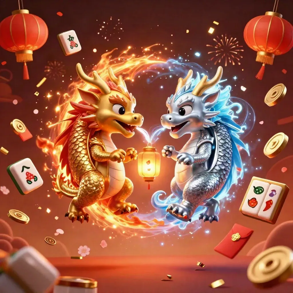 Twin gold and silver dragons form a yin-yang amid casino symbols and lantern glow.