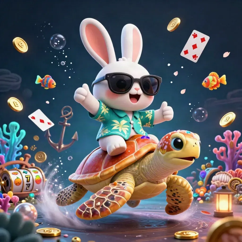 Lucky rabbit rides a golden turtle through treasure cove chaos with coins, coral, and glowing slot symbols