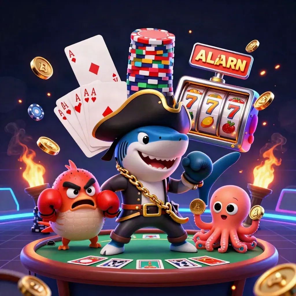 Shark pirate, boxing pufferfish, and coin-juggling octopus over neon casino gear in a dark canyon glow.