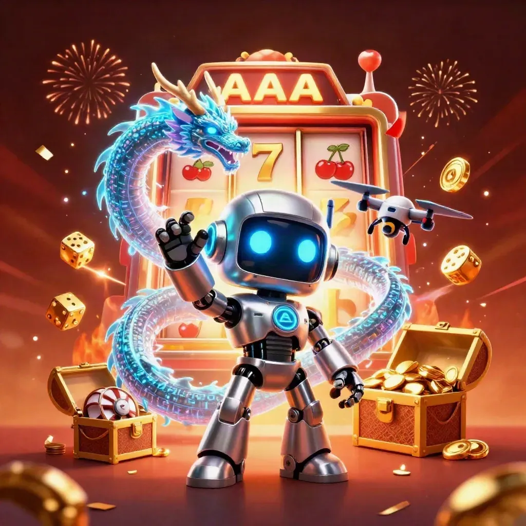 Cyberpunk robot mascot with holographic dragon, coin drone and jackpot slot bursts in ember glow.