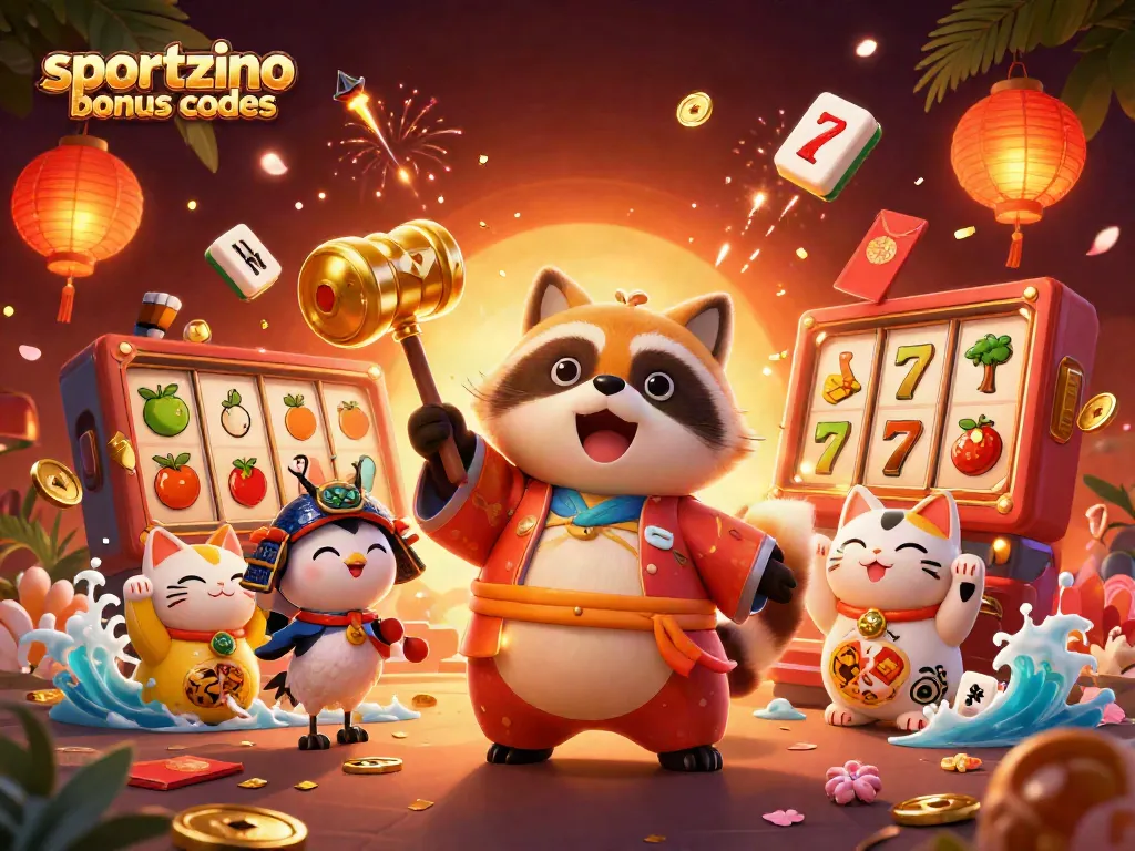 Claim free coins and prizes with Sportzino bonus codes in this vibrant online casino illustration.